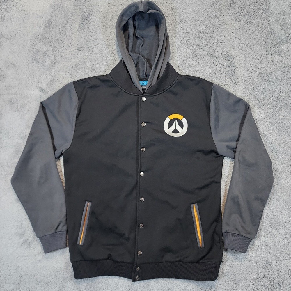 Blizzard Overwatch Jacket Hoodie Mens 2XL Black Gray Logo Varsity Snap Button